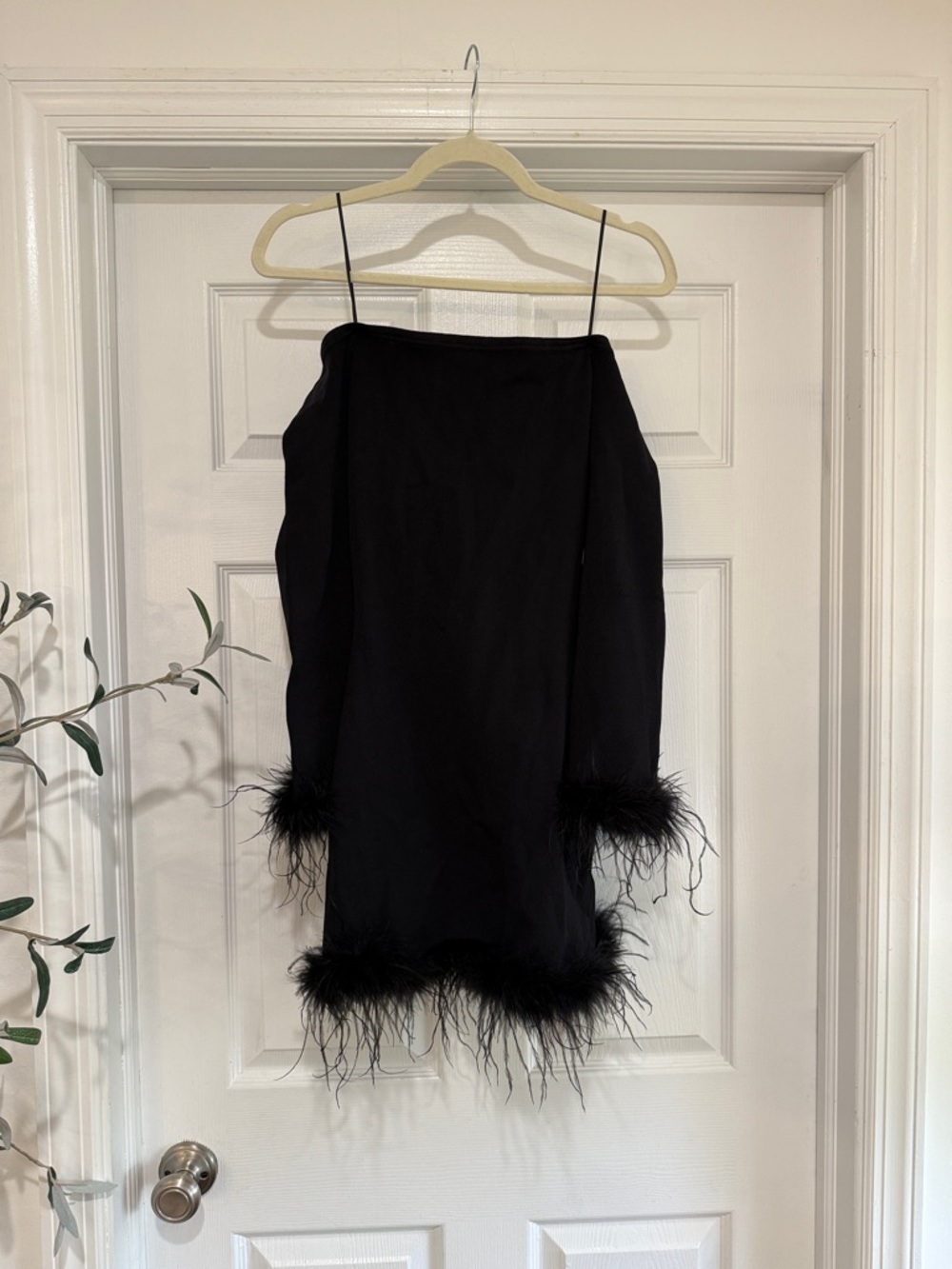 Lucy Paris Bloomingdale’s Joyce Black Feather-Trim Slip Dress
